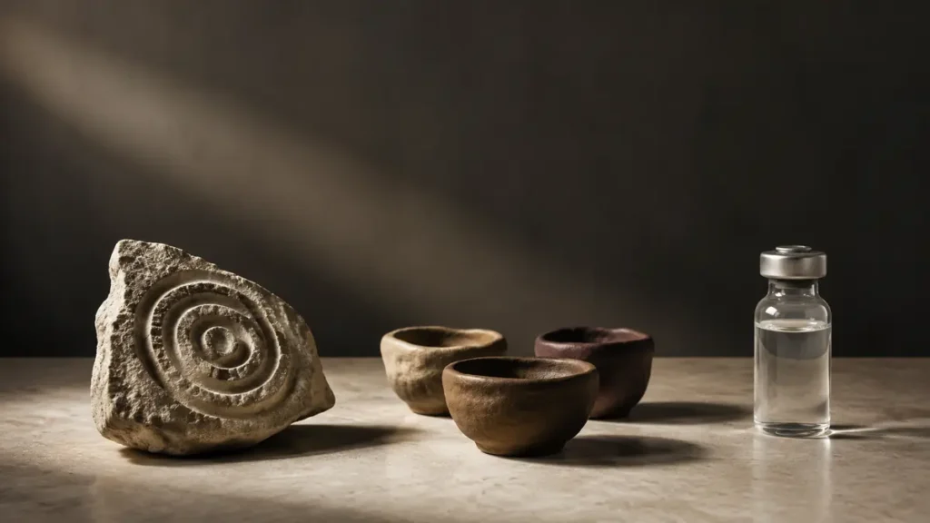 A carved stone, three clay vessels and a clinical vial contrast communal ritual with modern medicine.