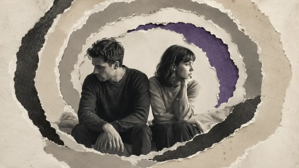 A monochrome couple sits inside concentric torn-paper loops, expressing obsessive doubt around intimacy.