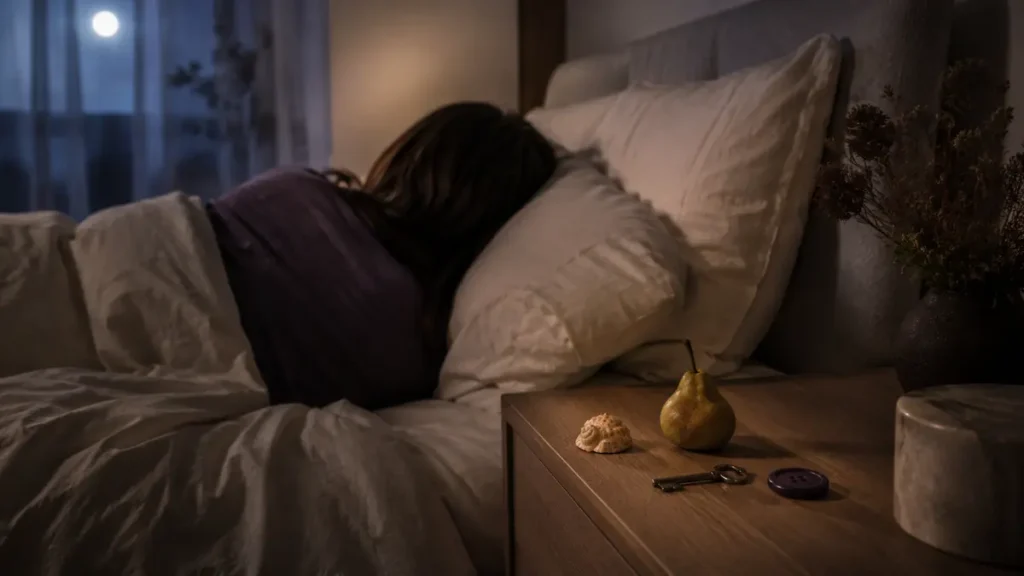 A sleeping figure rests beside a shell, pear, key and button arranged as neutral disconnected thoughts.