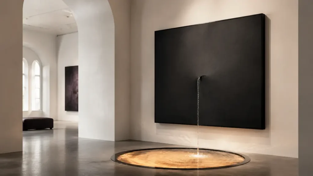 Rain flows from a black gallery canvas into a glowing pool, transforming artistic sadness into warmth.