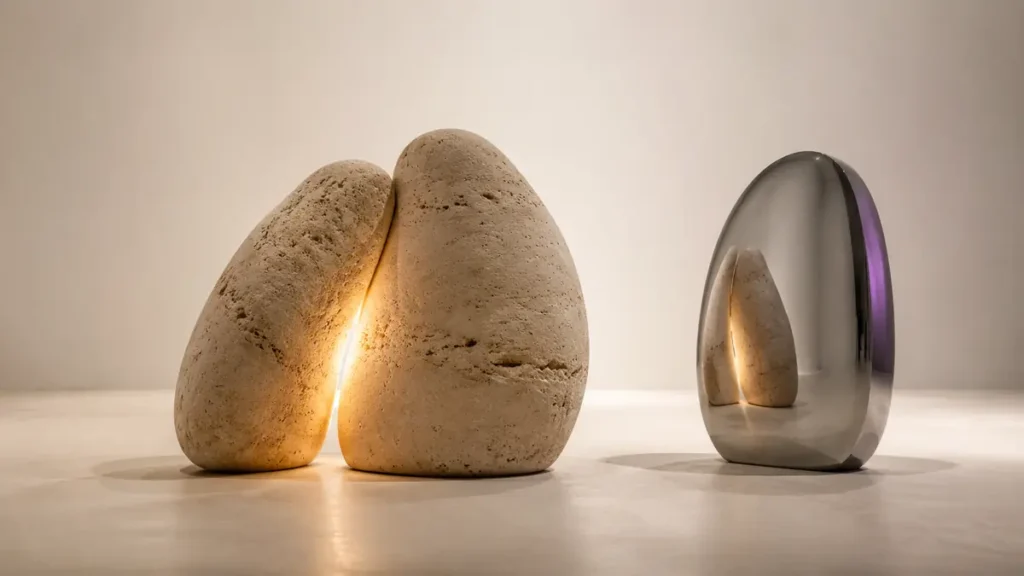 Two glowing limestone forms support each other while an isolated mirrored form reflects their connection.