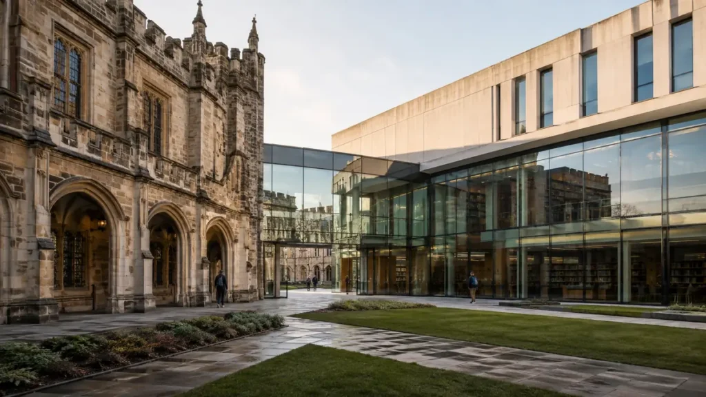 A medieval stone university building joins a modern glass library across a quiet academic courtyard.
