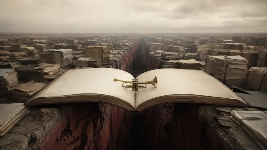 A blank archival book bridges a red historical chasm, with a brass trumpet resting across its open pages.