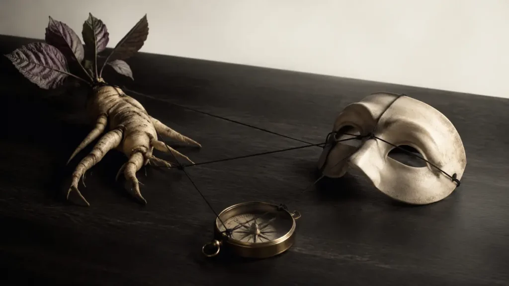 A mandrake root, theatrical mask and compass are bound by black threads, symbolizing calculated control of desire.
