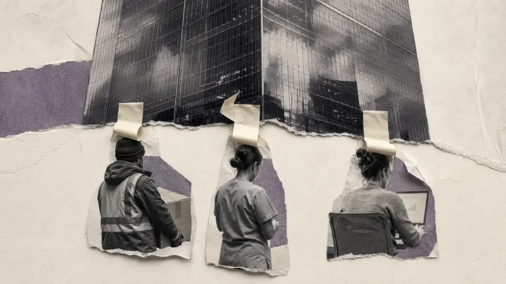 Three worker portraits are temporarily taped beneath a corporate tower in a torn-paper collage.