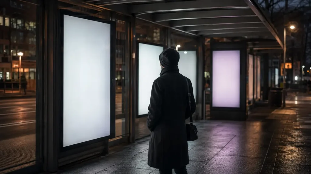 A lone commuter stands among blank illuminated advertising panels inside a nighttime transit shelter.