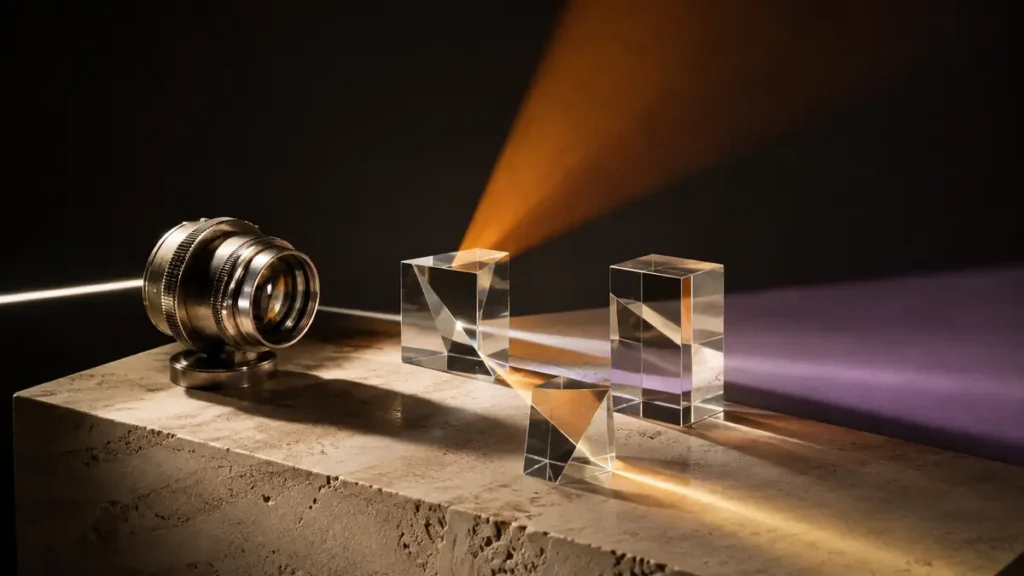 A projector lens sends light through three glass prisms, creating distinct cinematic fields on an ivory plinth.