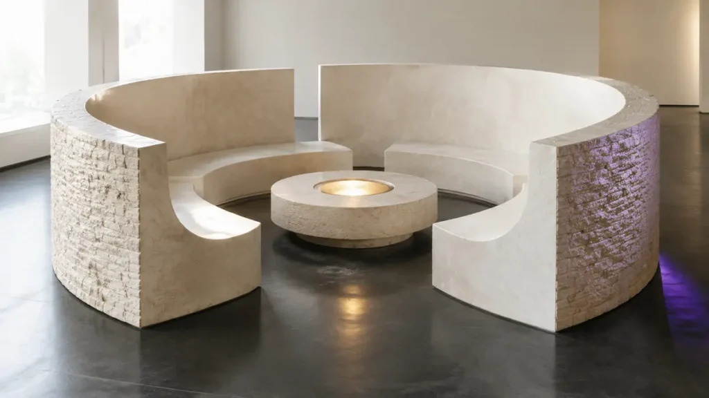 Curved ivory stone seats gather around a glowing central table, symbolizing Estonia’s open-backyard hospitality.