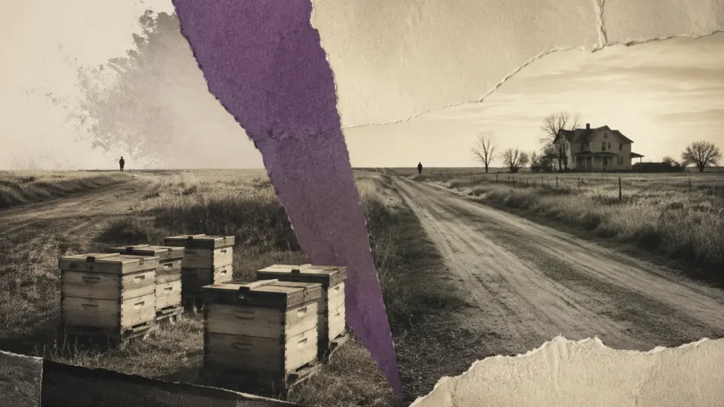 Beehives and two distant figures flank a rural road in a torn-paper Southern noir collage.