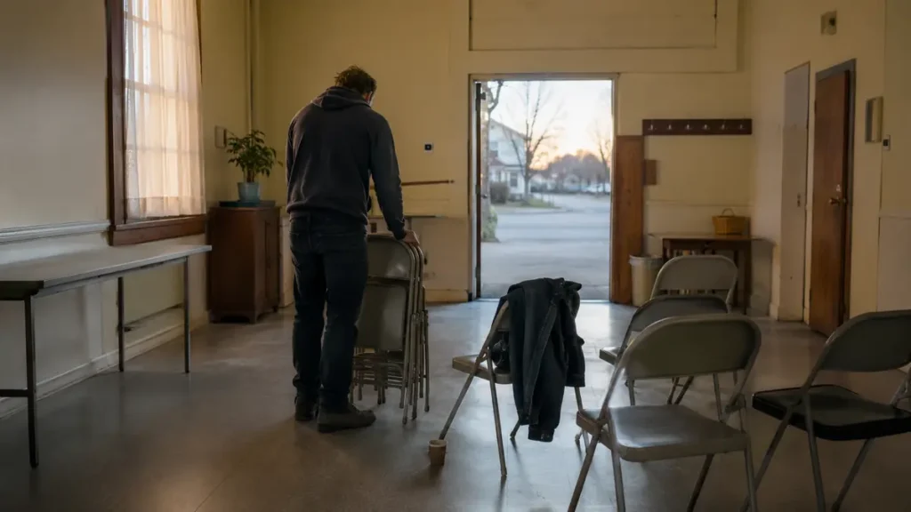 A man stacks chairs after a recovery meeting as dawn enters a modest rural community room.