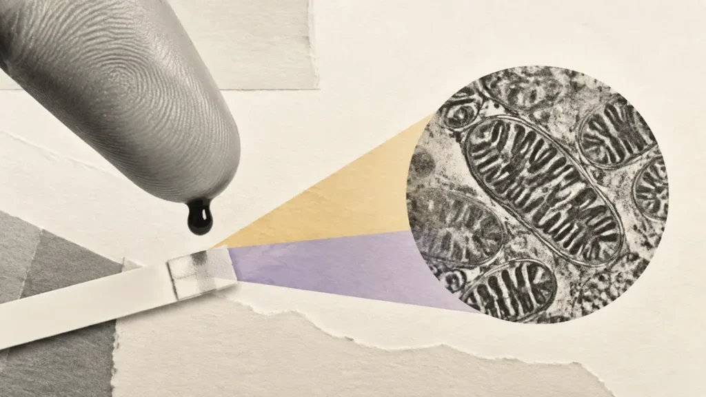 A blood droplet, test strip and mitochondrial collage show how a simple ratio can reveal metabolic health.