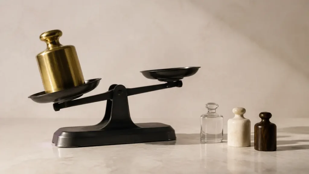 A brass weight tips a precision balance while three smaller measures sit unused, warning against reliance on one metric.