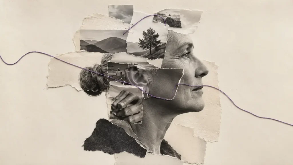 Torn monochrome portrait and landscape fragments joined by a purple thread, representing wisdom gathered across a lifetime.