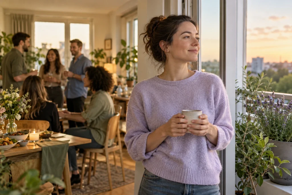 A woman takes a quiet pause by an open window during a social gathering.