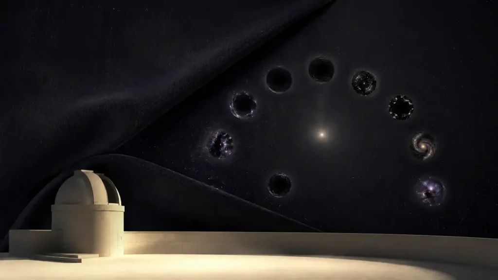 A folded night sky reveals nine dark celestial openings around a distant point of light.