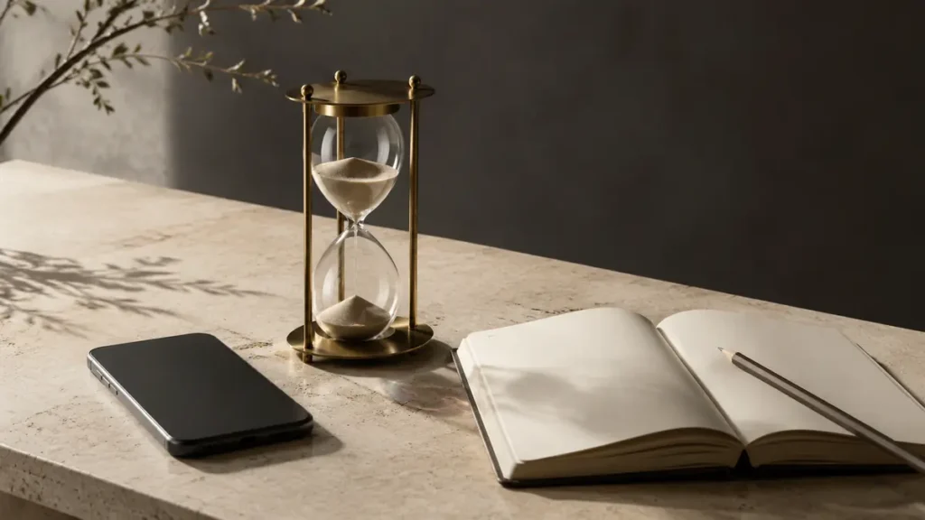 A silent phone, brass hourglass and blank journal create a calm reset from digital overstimulation.