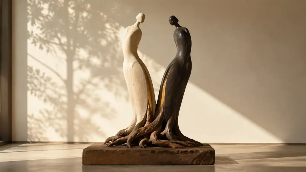 Two sculptural figures rise from intertwined roots, reflecting friendship, separation and shared belonging.