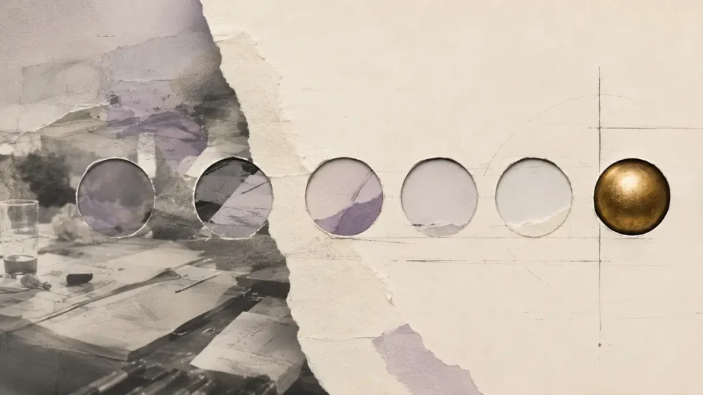 Five paper apertures turn a blurred archival plan into one sharply focused golden destination.