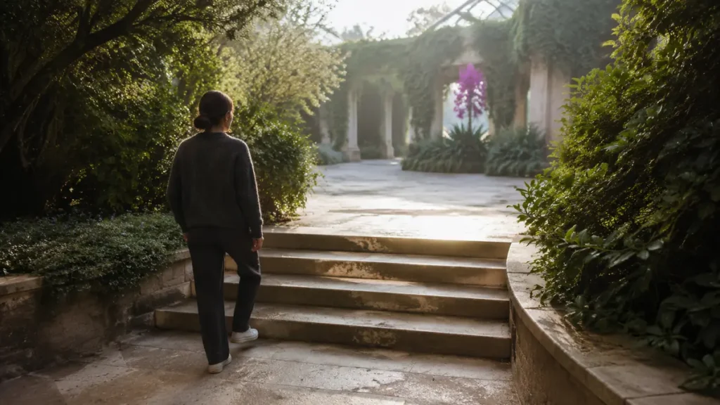 A woman climbs low garden steps toward morning light, symbolizing small actions that strengthen brain health.