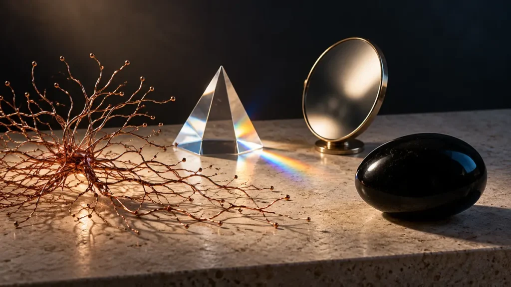 Copper neural branches, a prism, mirror and obsidian oval contrast circuitry with private experience.