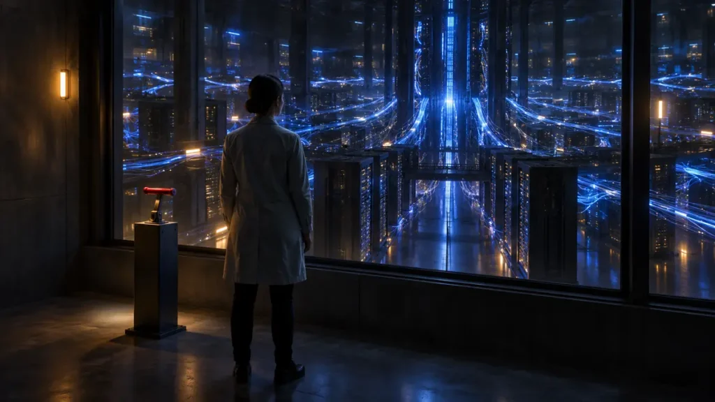 A safety engineer faces an autonomous server chamber through glass as the system moves beyond direct control.