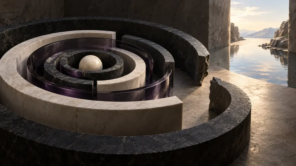Concentric stone walls surround a central orb while a broken passage opens toward independent judgment.