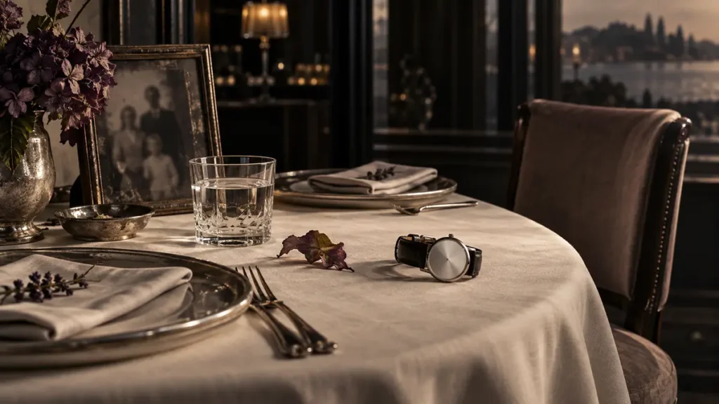 Two quiet place settings, an empty chair, a fading family photo and a blank watch evoke memory and farewell.