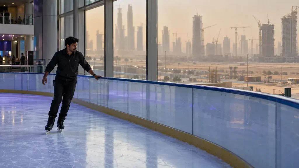 A migrant worker glides on indoor ice while Dubai's desert construction rises beyond the glass.