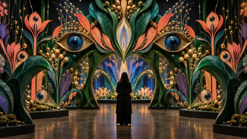 A museum visitor faces an immersive botanical installation of vivid leaves, eyes and flowing garden forms.