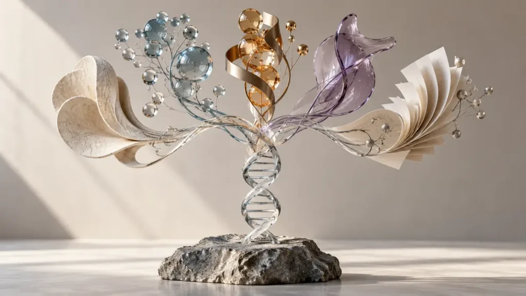 A glass DNA helix branches into five overlapping forms, showing genetic influence without fixed personality.