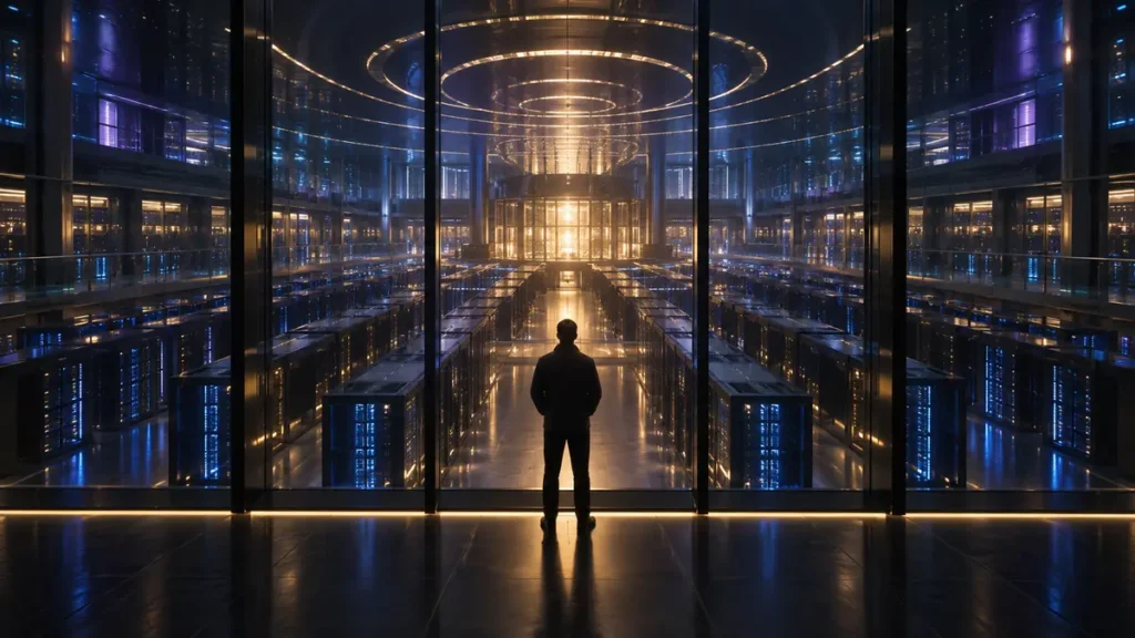 A lone figure faces a luminous data-center core, symbolizing accelerating intelligence beyond human scale.