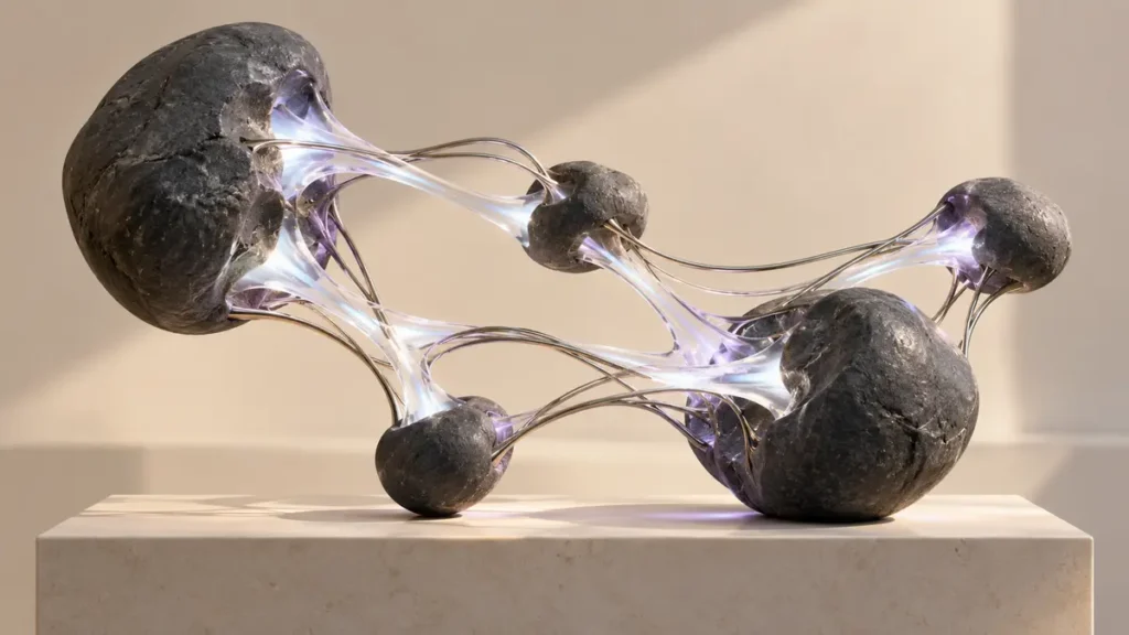 Charcoal stone processing forms linked by luminous ivory pathways, symbolizing gray and white matter working together.