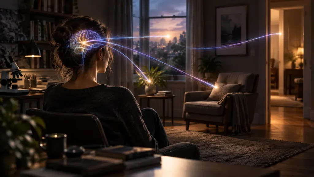 A seated researcher connects through glowing neural paths to everyday spaces, linking brain science with memory and emotion.