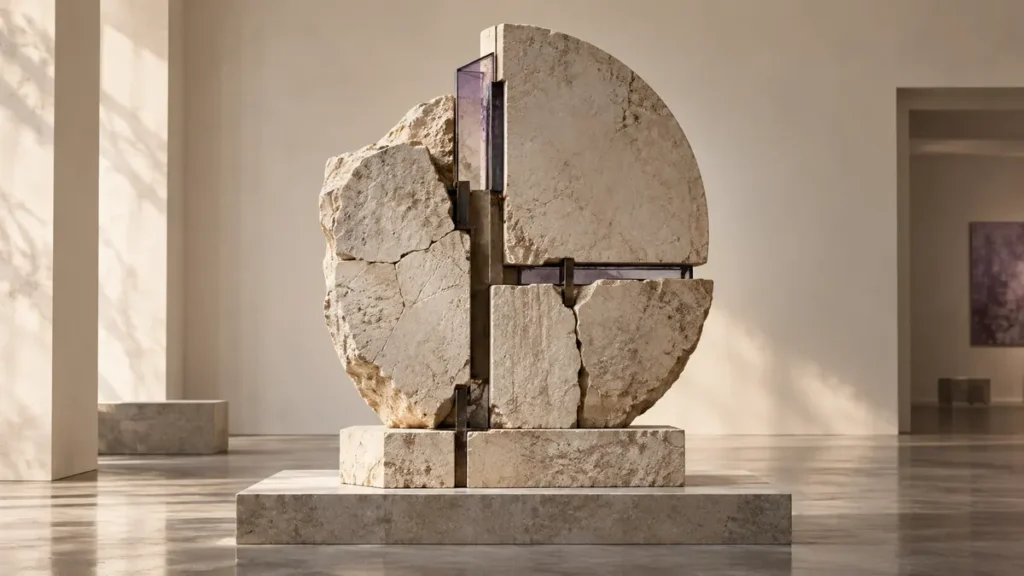 Fractured stone memorial joined with dark metal and purple glass symbolizes contested history, grief, and civic repair.