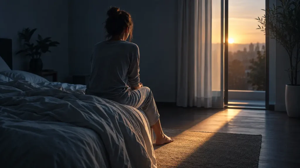 A woman sits at the edge of her bed as sunrise cuts through the room's cool shadow.