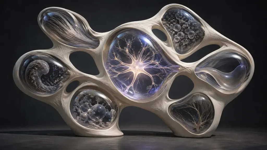 Seven glass chambers fill an ivory biomorphic sculpture around a glowing neural core.