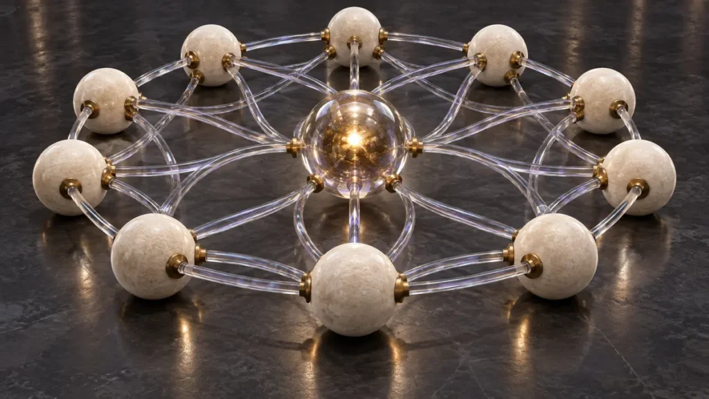 Ivory nodes connect through glass bridges around a glowing transparent treasury core.