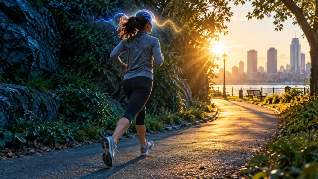 A slow runner moves from blue shadow into golden light as a luminous pulse arcs around her head, suggesting a mental boost.