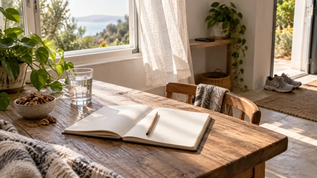 A blank notebook, water and walnuts rest in a calm sunlit workspace with distractions set aside.