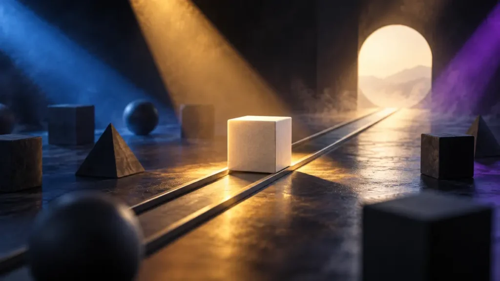 An ivory form aligns with a bright path through scattered dark shapes, expressing clear startup positioning.