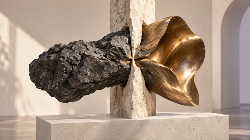 Rough stone passes through a narrow limestone split and becomes warm bronze, symbolizing growth through hardship.