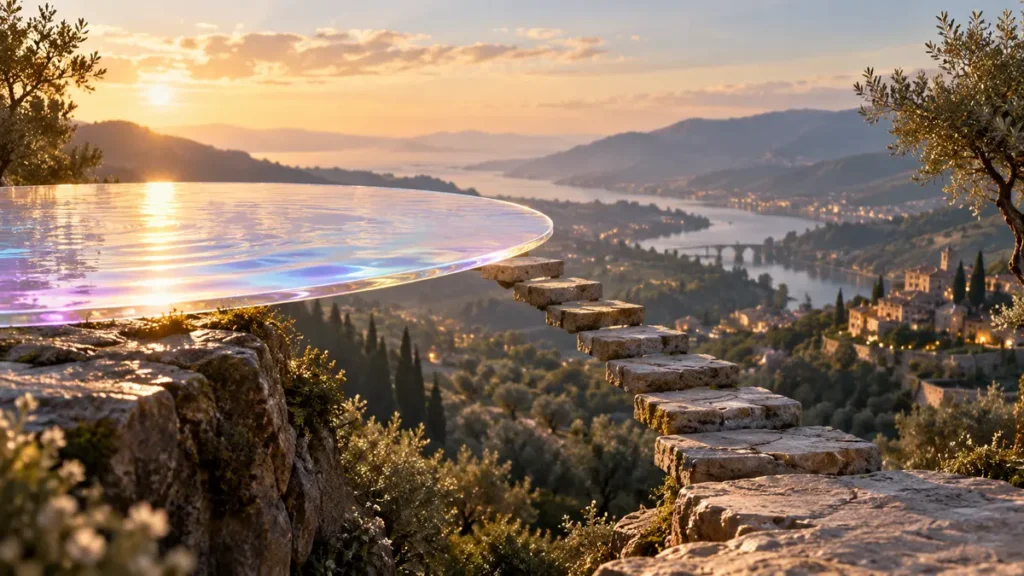 A shimmering shallow pool opens onto a deep sunlit valley path, contrasting pleasure with lasting purpose.