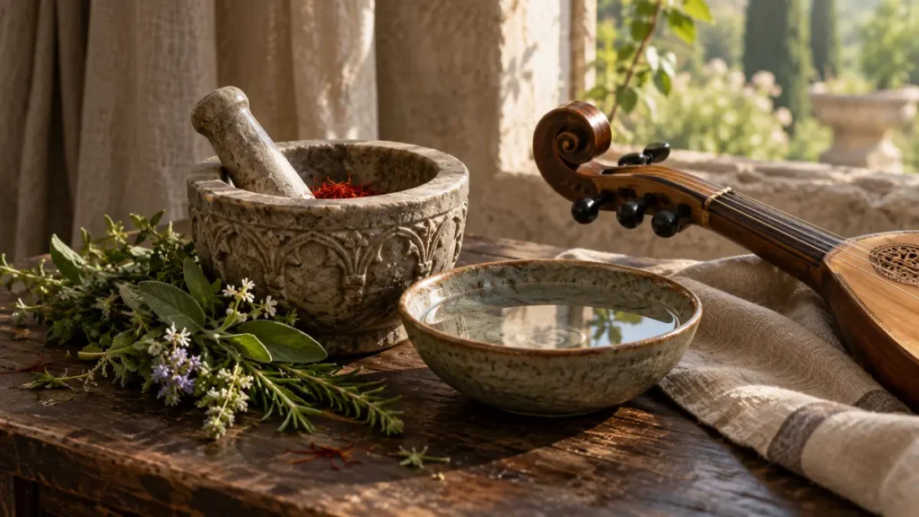 Saffron, herbs, a stone mortar, water bowl and string instrument evoke medieval approaches to mental wellbeing.