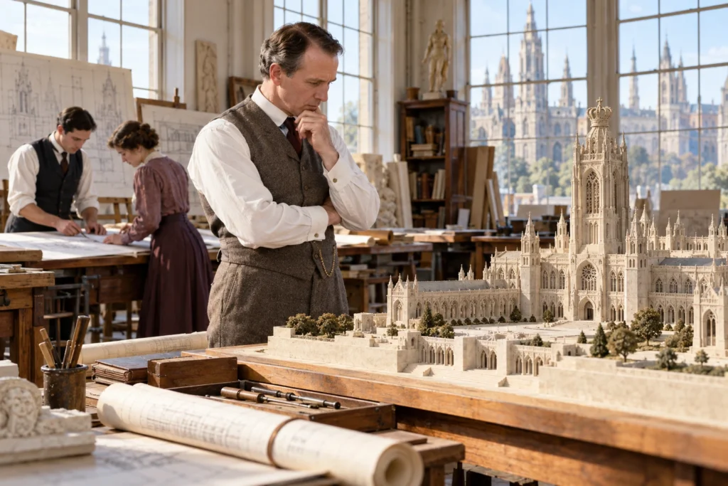 An early-20th-century architect studies a crowned Gothic civic model in a sunlit studio.