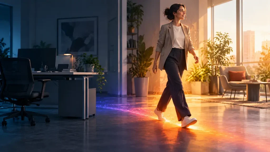 A desk worker's short walk carries vivid energy from a dim workstation into a bright, renewed office.