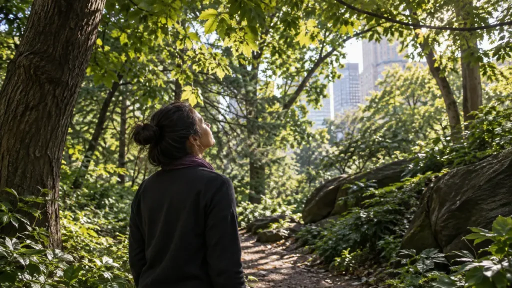 A city dweller pauses beneath an urban forest canopy, looking upward as sunlight filters through the leaves.