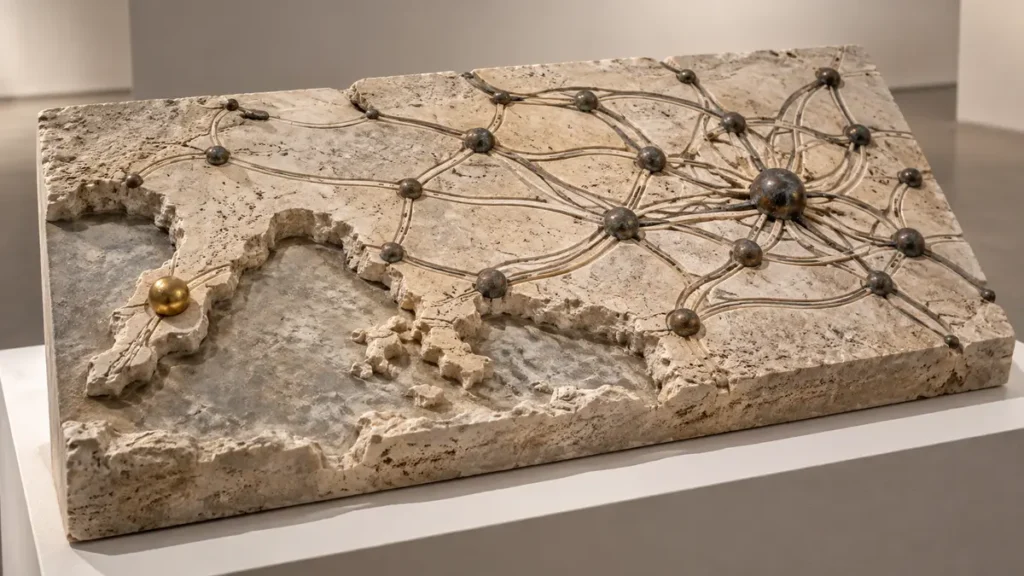 A stone road network converges on bronze hubs while a gold peninsula node sits away from the busiest junction.