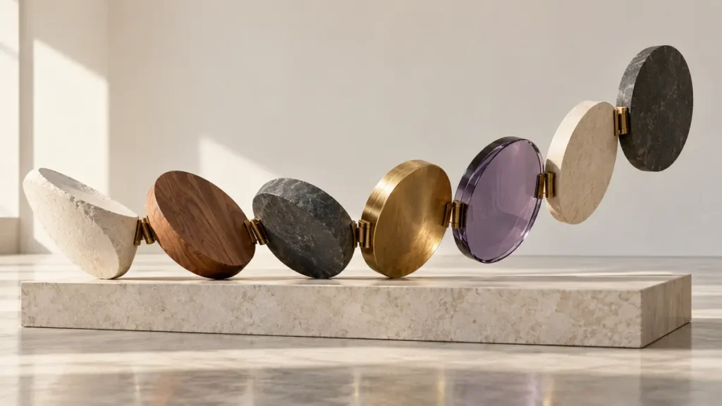 Seven hinged discs gradually align into one purposeful rhythm, showing how repeated habits shape daily life.