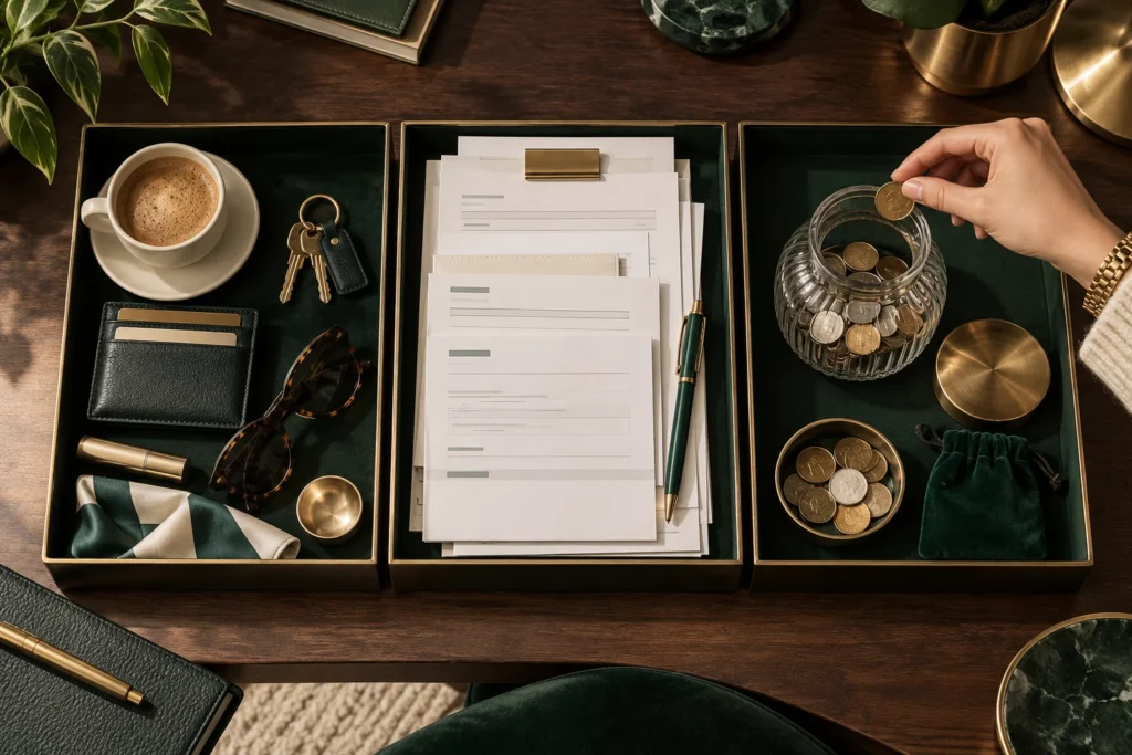 Three organized desk trays separate daily spending, fixed costs, and savings.