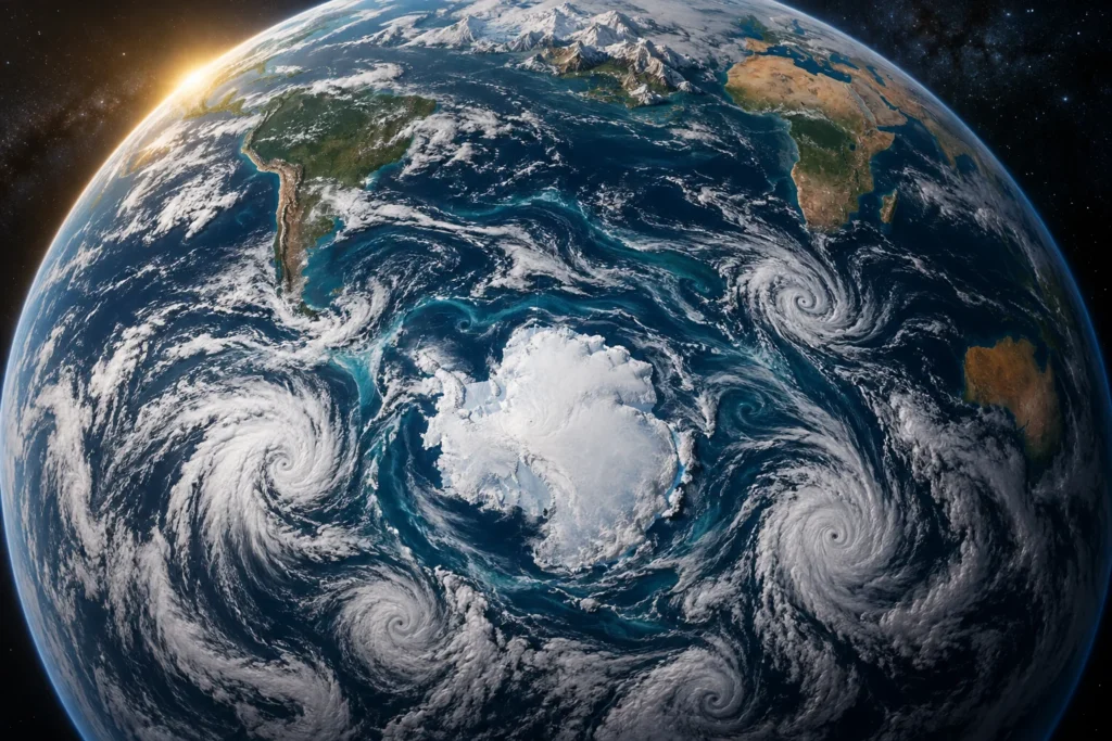 Storm systems spiral densely around Antarctica in a cinematic view of the Southern Hemisphere.